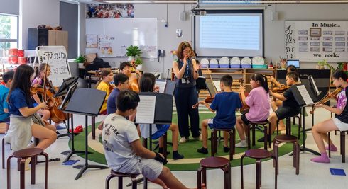 A music teacher leading a class seated in a semicircle with violins and cellos on music stands, notation projected on the screen behind her in a bright classroom