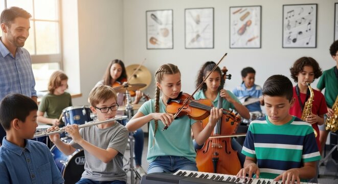 A music teacher watching a mixed-age class play together in a bright classroom, students on flute, violin, cello, keyboard and saxophone with a drum kit behind them